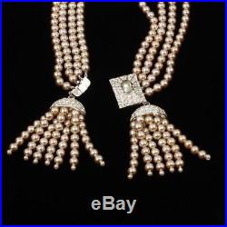 Art Deco 1930's 4-strand Champagne Faux Pearl & Pave Diamante Tassels Necklace