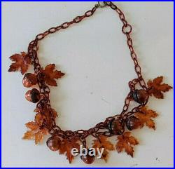 Art Deco 1940s 1930s Jewelry Celluloid Acorn Leaf Chain Link Necklace 2 Tier