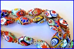 Art Deco 1940s Oval Venetian Millefiori Art Glass Beads KNOTTED Necklace 58cm