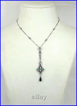 Art Deco 2.50ct Diamond 1.0ct Emerald & Onyx Platinum Filigree Necklace