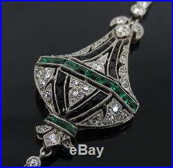 Art Deco 2.50ct Diamond 1.0ct Emerald & Onyx Platinum Filigree Necklace