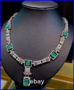 Art Deco 23.68TCW Colombian Emerald With Clear CZ Beautiful Women Fine Necklace