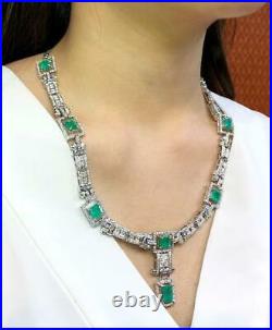 Art Deco 23.68TCW Colombian Emerald With Clear CZ Beautiful Women Fine Necklace