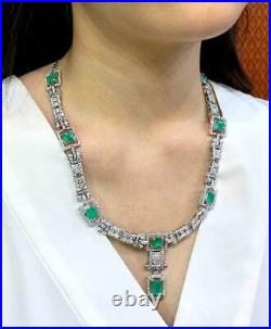 Art Deco 23.68TCW Colombian Emerald With Clear CZ Beautiful Women Fine Necklace