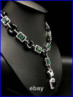 Art Deco 35.73TCW Emerald Blue Sapphire Black Onyx & White CZ Pendant Necklace