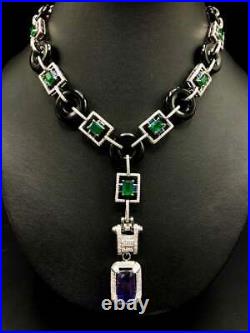 Art Deco 35.73TCW Emerald Blue Sapphire Black Onyx & White CZ Pendant Necklace