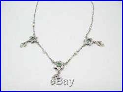 Art Deco 6.0 Gram 0.50 Ctw Diamond Pearl And 0.12 Ctw Emerald Platinum Necklace