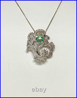 Art Deco 66 Diamond Emerald Pendant Necklace Flower Motif 14 Karat White Gold