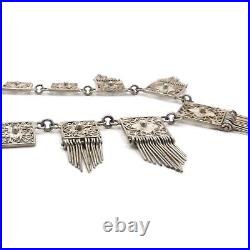 Art Deco 800 Silver Filigree Flower Tassel Cleopatra Link Necklace 17in Portugal