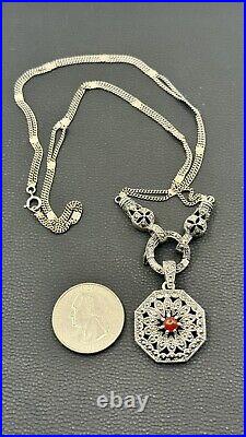 Art Deco 925 Sterling Silver Carnelian Agate Marcasite Pendant Necklace/Chain #4