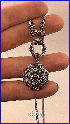 Art Deco 925 Sterling Silver Carnelian Agate Marcasite Pendant Necklace/Chain #4