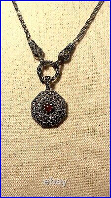 Art Deco 925 Sterling Silver Carnelian Agate Marcasite Pendant Necklace/Chain #4