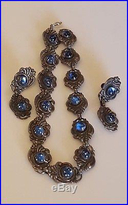 Art Deco 980 Sterling Silver Taxco Mexico Blue Glass Screw On Earrings Necklace