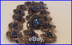 Art Deco 980 Sterling Silver Taxco Mexico Blue Glass Screw On Earrings Necklace