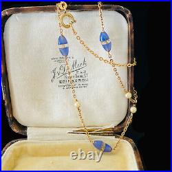 Art Deco 9ct, 9k, 375 Gold blue Chalcedony, rock crystal & faux Pearl bead chain