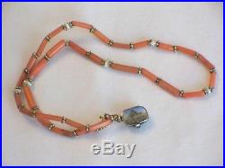 Art Deco 9ct Gold Coral Pearl Necklace & Silver Enamel Moses Basket Charm