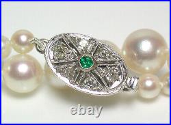 Art Deco AAA 4-7.8mm Akoya pearl necklace & white gold emerald and diamond clasp