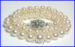 Art Deco AAA 4-7.8mm Akoya pearl necklace & white gold emerald and diamond clasp