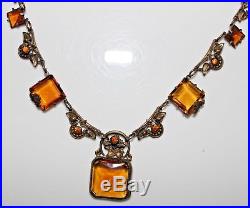 Art Deco Amber Brown Czech Glass Fancy Brass Necklace, 15