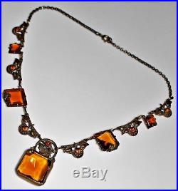 Art Deco Amber Brown Czech Glass Fancy Brass Necklace, 15
