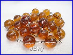 Art Deco Amber Glass Pools of Light Necklace 23 Undrilled Orbs Sterling Silver