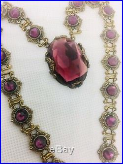 Art Deco Amethyst Glass Necklace Ornate Vaxhall Glass Antique Vintage Jewelry
