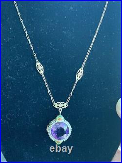 Art Deco Amethyst Pendant Necklace with Pearls and Enamel 14K Tri-color Gold