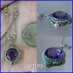 Art Deco Amethyst Pendant Necklace with Pearls and Enamel 14K Tri-color Gold