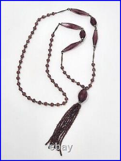 Art Deco Amethyst Purple Faceted Czech Glass Tassel Sautoir Necklace 30 Inch VTG