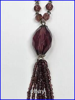 Art Deco Amethyst Purple Faceted Czech Glass Tassel Sautoir Necklace 30 Inch VTG