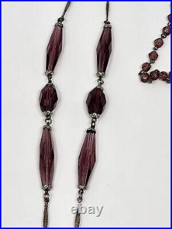 Art Deco Amethyst Purple Faceted Czech Glass Tassel Sautoir Necklace 30 Inch VTG