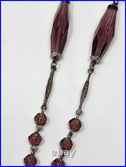 Art Deco Amethyst Purple Faceted Czech Glass Tassel Sautoir Necklace 30 Inch VTG