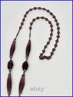 Art Deco Amethyst Purple Faceted Czech Glass Tassel Sautoir Necklace 30 Inch VTG