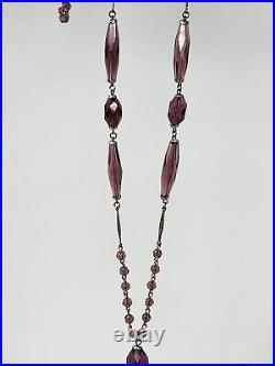 Art Deco Amethyst Purple Faceted Czech Glass Tassel Sautoir Necklace 30 Inch VTG