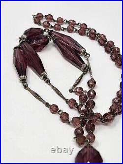 Art Deco Amethyst Purple Faceted Czech Glass Tassel Sautoir Necklace 30 Inch VTG