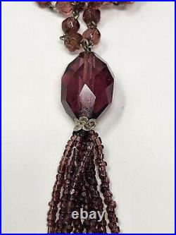 Art Deco Amethyst Purple Faceted Czech Glass Tassel Sautoir Necklace 30 Inch VTG