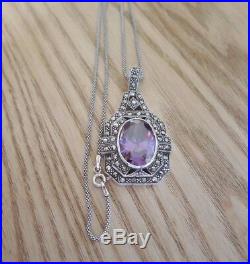 Art Deco Amethyst and Marcasite Pendant Necklace Sterling Silver