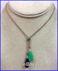 Art Deco Antique 14k Gold Jadeite Jade and Onyx Pendant Drop Necklace
