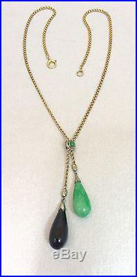Art Deco Antique 14k Gold Jadeite Jade and Onyx Pendant Drop Necklace