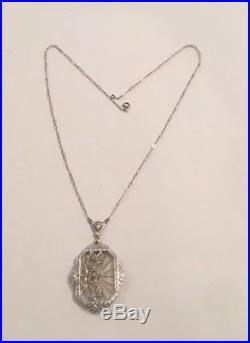 Art Deco Antique 14k White Gold Diamond Camphor Glass Flower Pendant Necklace