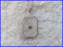 Art Deco Antique Camphor Glass Diamond White Gold Pendant Necklace Vintage