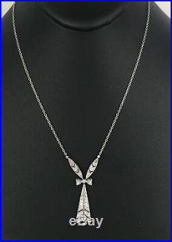Art Deco Antique Diamond & Sapphire Platinum Bow Pendant & Chain Necklace 1920's