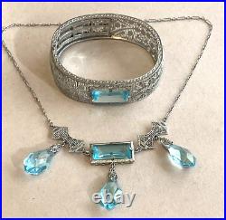 Art Deco Antique Rhodium Filigree Wide Bangle Bracelet/Dangle Necklace SetMINT