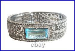 Art Deco Antique Rhodium Filigree Wide Bangle Bracelet/Dangle Necklace SetMINT