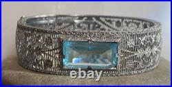 Art Deco Antique Rhodium Filigree Wide Bangle Bracelet/Dangle Necklace SetMINT