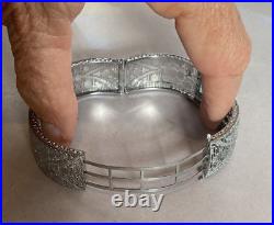 Art Deco Antique Rhodium Filigree Wide Bangle Bracelet/Dangle Necklace SetMINT