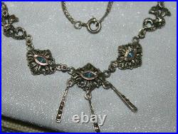 Art Deco Antique Sterling Rose Gold Marcasite Sapphire paste dangle Necklace