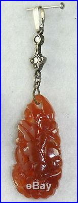 Art Deco Antique Sterling Silver Carved Carnelian Marcasite Pendant For Necklace