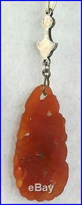 Art Deco Antique Sterling Silver Carved Carnelian Marcasite Pendant For Necklace