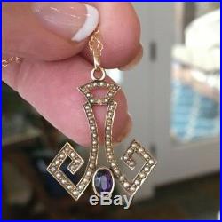 Art Deco Antique necklace Pendant Amethyst and Pearl 12k